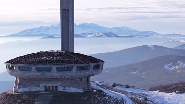 Aerial view of the Buzludzha Monument in Bulgaria.