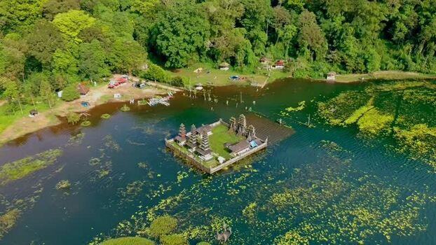 Aerial view of Pura Ulun Danu Tamblingan on Lake Tamblingan Indonesia.