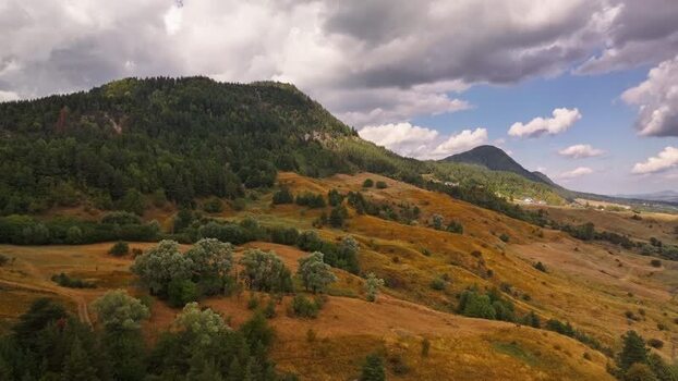 Aerial view of rolling hills in Vintileasca Romania.