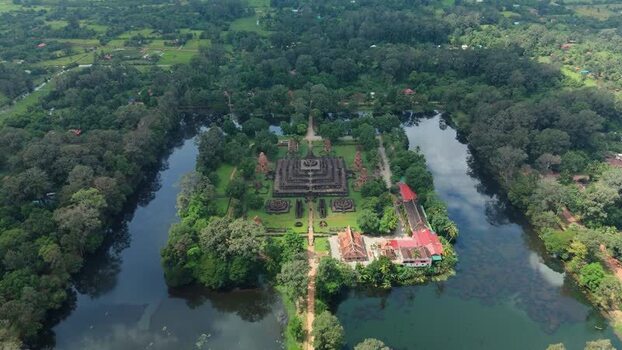 Aerial view of ancient temple complex in Krong Siem Reap Cambodia. Aerial view of ancient temple complex in Krong Siem Reap Cambodia.