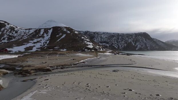 Aerial view of Lofoten beach in Vagan Municipality Norway.