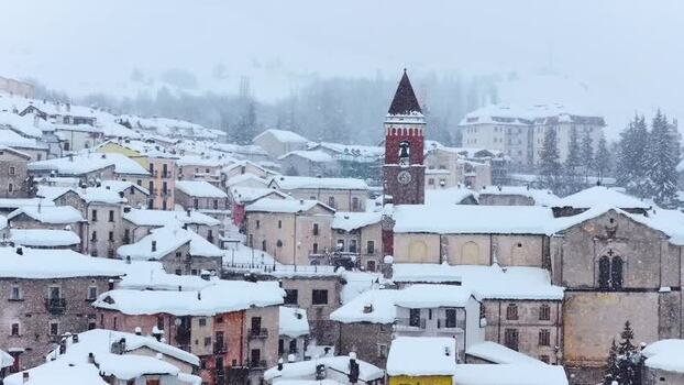 Aerial view of Rivisondoli in winter Italy.