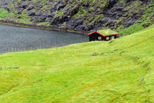 View of a traditional black wooden house with a green grass roof situated on a lush green hillside next to a dark lake and rocky cliffs in the Faroe Islands.