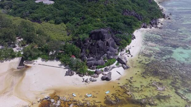 Aerial view of Anse Reunion beach in Seychelles.