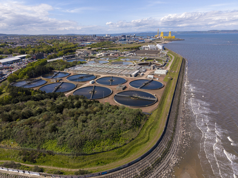 Edinburgh United Kingdom 06 May 2026 Aerial view of the Seafield Wastewater Treatment Works featuring circular settling tanks along the coast of the Firth of Forth. Edinburgh United Kingdom 06 May 2026 Aerial view of the Seafield Wastewater Treatment Works featuring circular settling tanks along the coast of the Firth of Forth.