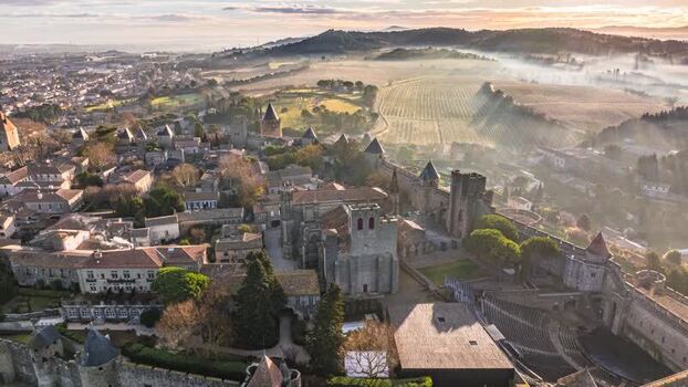 Aerial view of Cite de Carcassonne France.