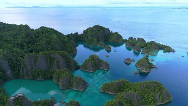 Aerial view of Piaynemo karst islands in Raja Ampat Indonesia.