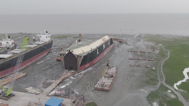 Aerial view of Ship Breaking Yard in Bhatiari Bangladesh.
