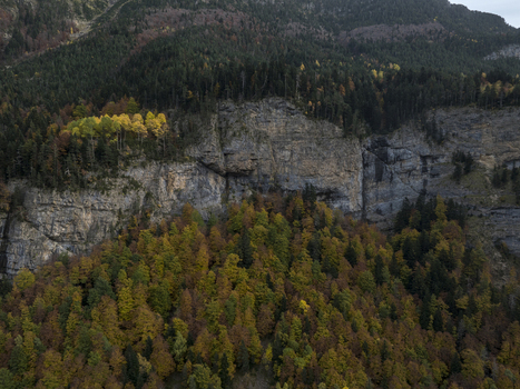 Aerial view of the Pyrenees mountains featuring a rugged cliff face rising above a dense forest with vibrant autumn foliage in Spain. Aerial view of the Pyrenees mountains featuring a rugged cliff face rising above a dense forest with vibrant autumn foliage in Spain.