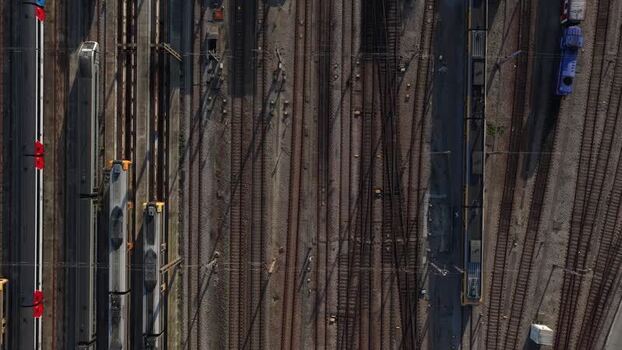 Aerial view of Train tracks and trains Portugal.