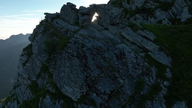 Aerial view of Monte Freddone rock arch in the Apuan Alps Italy.