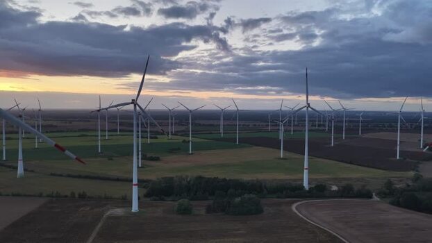Aerial view of Windpark Brandenburg Sieversdorf at sunset Germany. Aerial view of Windpark Brandenburg Sieversdorf at sunset Germany.