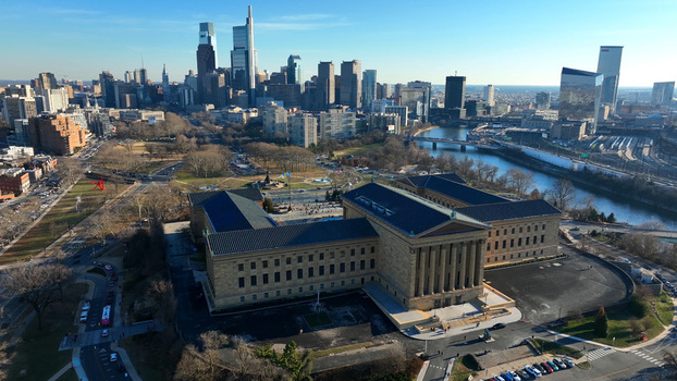 Aerial view of the Philadelphia Museum of Art with the city skyline and Schuylkill River in the background in Philadelphia Pennsylvania United States.