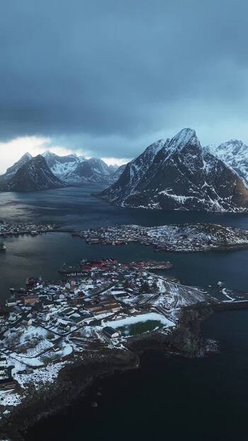 Aerial view of Reinebringen peaks Norway.