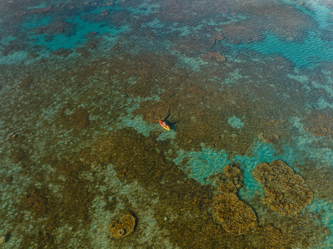 Aerial view of a solitary kayak glides across the vibrant turquoise waters revealing the intricate coral reefs beneath Goro South Province New Caledonia. Aerial view of a solitary kayak glides across the vibrant turquoise waters revealing the intricate coral reefs beneath Goro South Province New Caledonia.