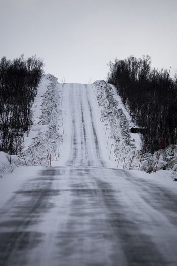 View of a steep snow covered road ascending between bare winter trees and high snowbanks under an overcast sky Ersfjord Troms Norway. View of a steep snow covered road ascending between bare winter trees and high snowbanks under an overcast sky Ersfjord Troms Norway.