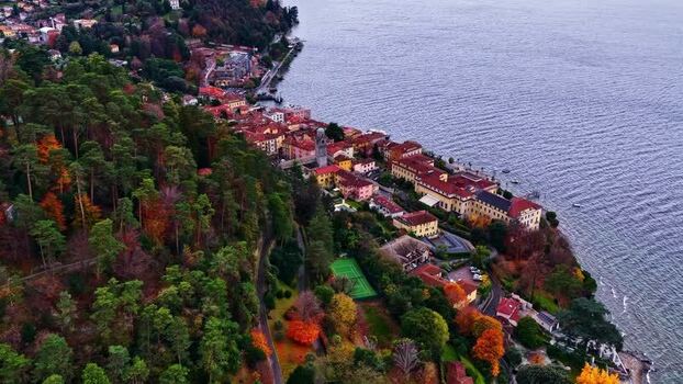 Aerial view of lakeside town in Italy.