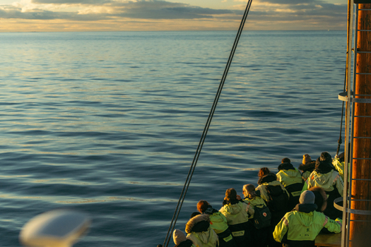 View of people aboard a ship gazing out at the tranquil sun kissed ocean under a pastel sky creating a serene maritime moment H&uacute;sav&iacute;k Nor&eth;ur&thorn;ing Iceland.
