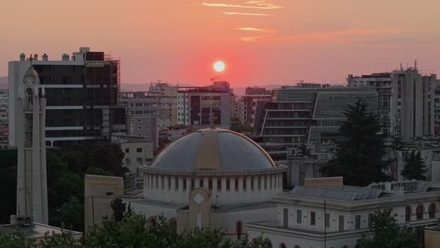 Aerial view of the Orthodox Cathedral at sunset in Tirane Albania.