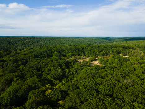 Aerial view of the dense green forest landscape surrounding Commanda Lake under a bright blue sky in Restoule Ontario Canada. Aerial view of the dense green forest landscape surrounding Commanda Lake under a bright blue sky in Restoule Ontario Canada.