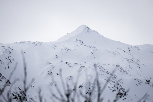 View of a sharp snow covered mountain peak under an overcast sky with blurred branches in the foreground in Ersfjord Troms Norway. View of a sharp snow covered mountain peak under an overcast sky with blurred branches in the foreground in Ersfjord Troms Norway.