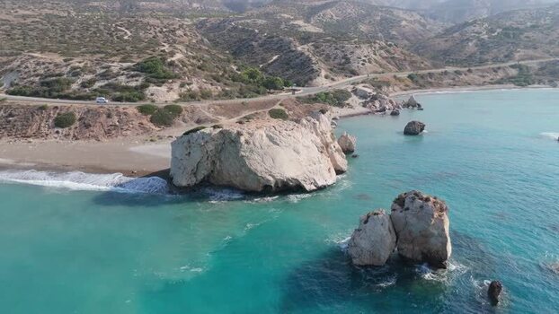 Aerial view of Aphrodite s Rock off the coast of Cyprus.
