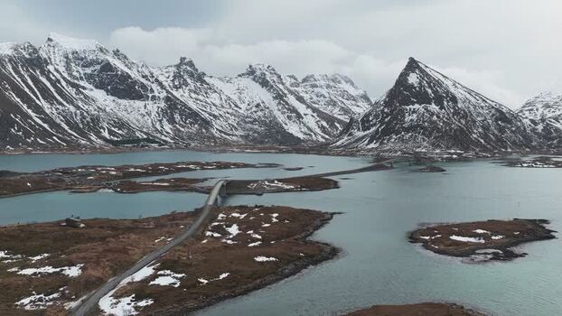 Aerial view of Flakstadbruene Norway.