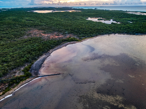 Aerial view of Salt Pond surrounded by lush green vegetation and calm coastal waters under a soft sunset sky in Exuma Exuma The Bahamas.