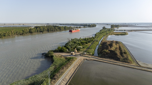 Aerial view of a red cargo ship navigating the Guadalquivir River near Isla Minima surrounded by flooded rice fields and lush vegetation in Coria del Rio Andalusia Spain. Aerial view of a red cargo ship navigating the Guadalquivir River near Isla Minima surrounded by flooded rice fields and lush vegetation in Coria del Rio Andalusia Spain.