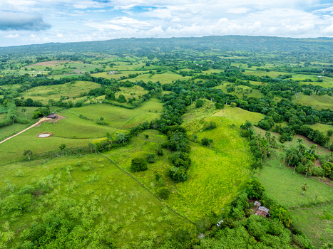 Aerial view of lush green rolling hills and rural landscape in Rio San Juan featuring pastures and farm structures in Rio San Juan Maria Trinidad Sanchez Dominican Republic. Aerial view of lush green rolling hills and rural landscape in Rio San Juan featuring pastures and farm structures in Rio San Juan Maria Trinidad Sanchez Dominican Republic.