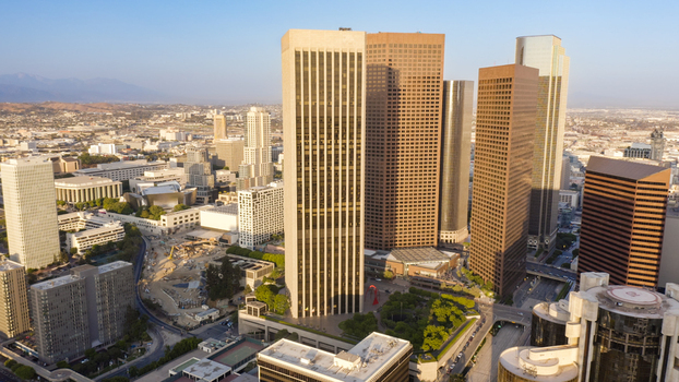 Aerial view of the modern skyscrapers and urban skyline of Los Angeles California United States.