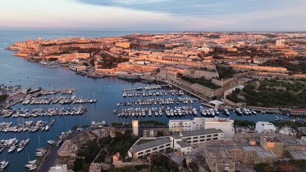 Aerial view of the historic harbor and city walls Malta.