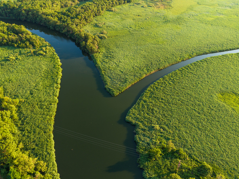 Aerial view of the Karaagach river winding through lush green wetlands and reeds at golden hour in Kiten Burgas Bulgaria. Aerial view of the Karaagach river winding through lush green wetlands and reeds at golden hour in Kiten Burgas Bulgaria.