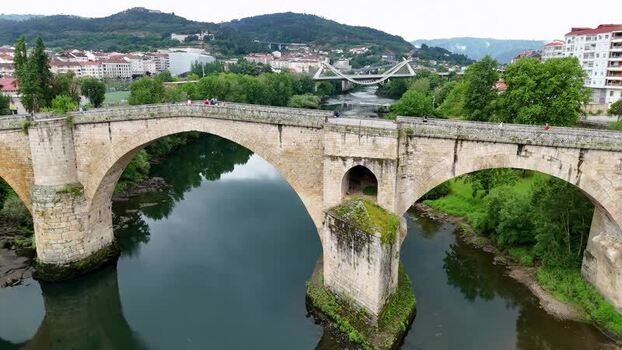 Aerial view of Ponte Vella de Ourense over the Minho River Spain. Aerial view of Ponte Vella de Ourense over the Minho River Spain.