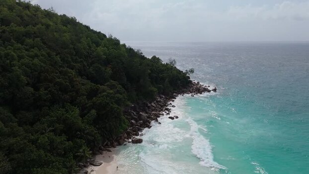 Aerial view of Anse Georgette coastline in Seychelles.