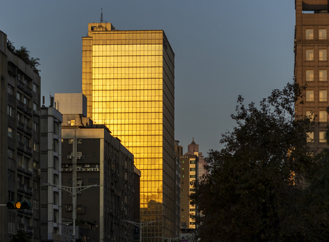 View of a modern golden skyscraper reflecting the sunset light surrounded by urban architecture and trees in Taipei City Taiwan. View of a modern golden skyscraper reflecting the sunset light surrounded by urban architecture and trees in Taipei City Taiwan.