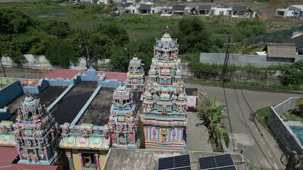 Aerial view of colorful Hindu temple in Cap Malheureux Mauritius.