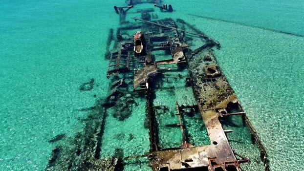 Aerial view of the Shipwreck Epanomi in turquoise waters Greece.