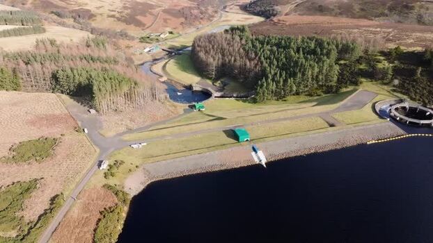 Aerial view of Whiteadder Reservoir and dam in Scotland United Kingdom. Aerial view of Whiteadder Reservoir and dam in Scotland United Kingdom.