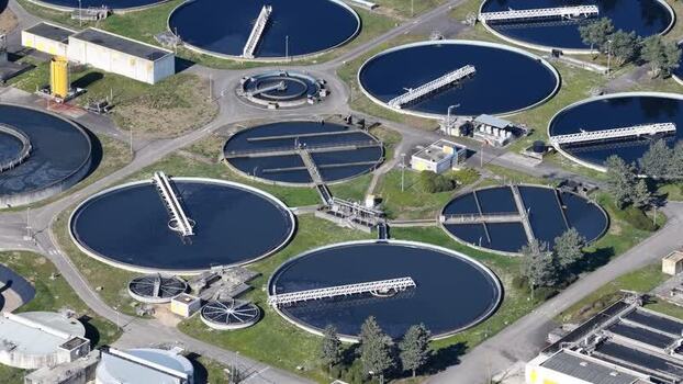 Aerial view of water treatment plant France.