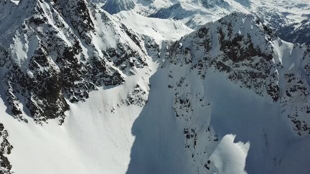 Aerial view of snowy mountains in Baqueira Spain.