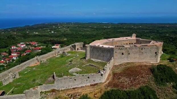 Aerial view of historic stone fortress on a hill Greece.