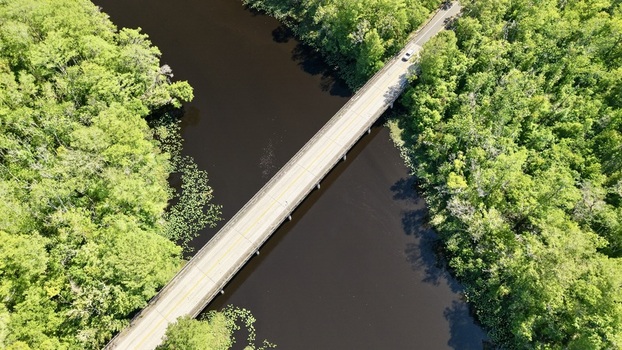 Aerial view of Sixmile Creek bridge crossing dark water surrounded by lush green forest and a single car in St. Johns County Florida United States.
