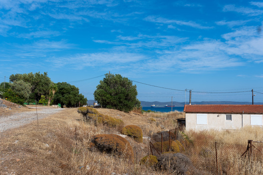 View of a rural dirt road passing by a small house with a red tiled roof and dry vegetation overlooking the sea Thoricus Greece.