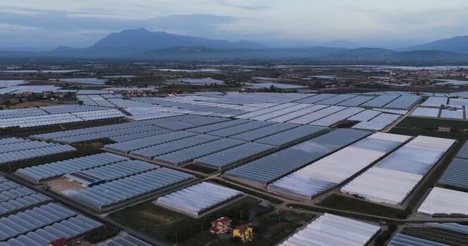 Aerial view of vast greenhouses and mountains in Paestum Italy.