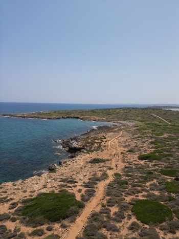 Aerial view of Calamosche Beach featuring a rocky coastline turquoise water and people walking along a dirt path in Noto Sicilia Italy.