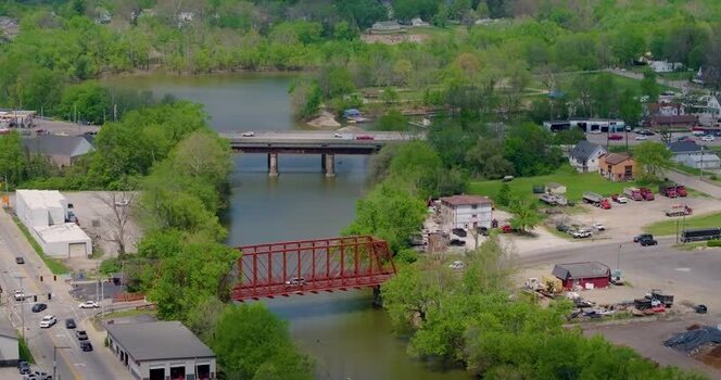 Aerial view of bridges over a river in Aurora United States. Aerial view of bridges over a river in Aurora United States.