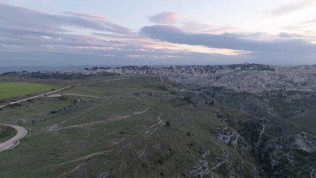 Aerial view of Matera historic town at dusk Italy.