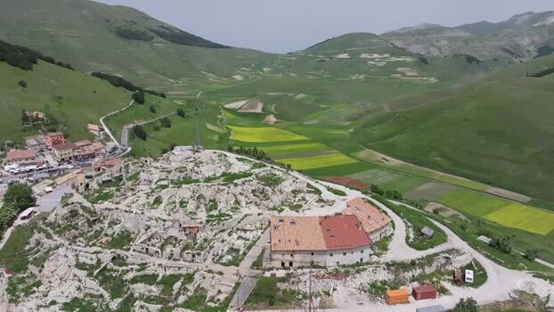 Aerial view of Castelluccio village ruins in Italy.