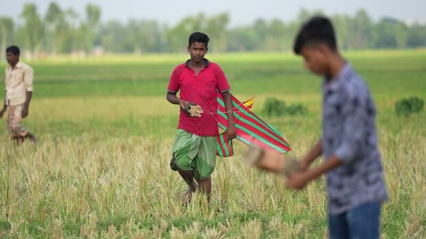 View of a young man holding a kite in a harvested field Bangladesh. View of a young man holding a kite in a harvested field Bangladesh.